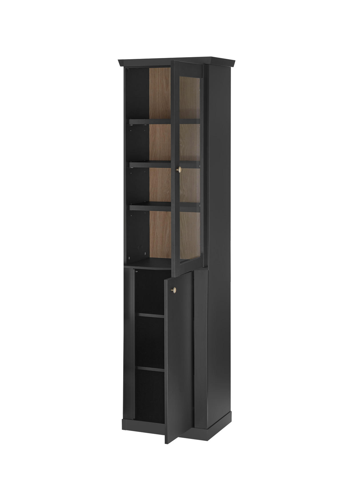 VITRINE  in Schwarz, Eichefarben  - Eichefarben/Messingfarben, Design, Holzwerkstoff/Metall (55/200/39cm) - MID.YOU