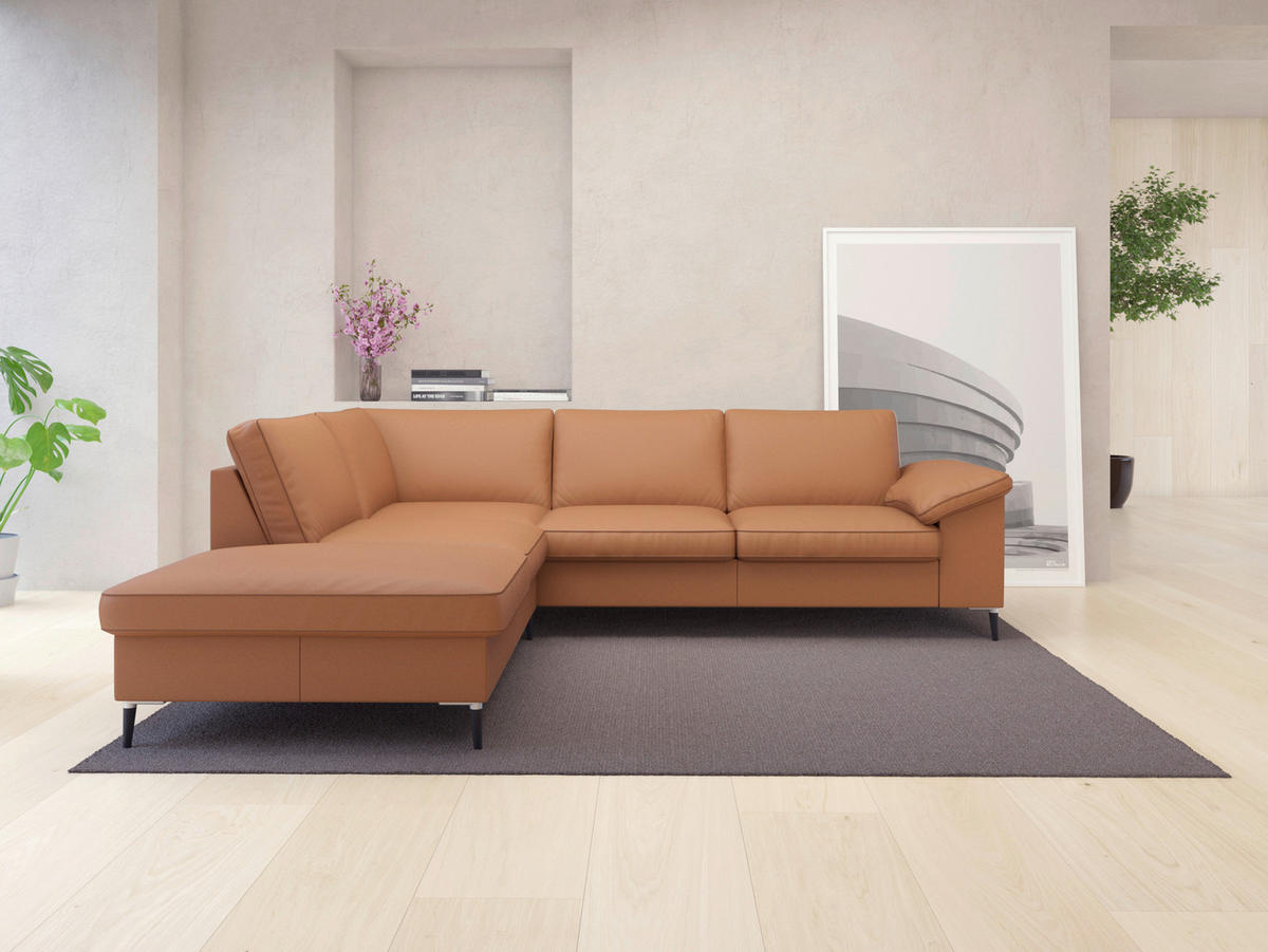 ECKSOFA Cognac Echtleder  - Cognac/Schwarz, Design, Leder/Metall (225/247cm) - Livetastic