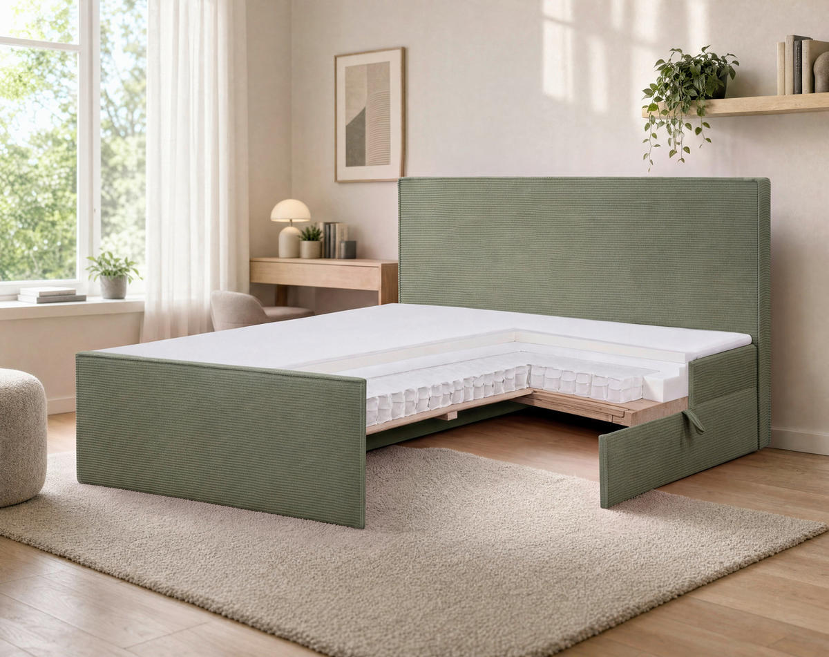 BOXBETT 180/200 cm,  in Grün, gepolstertes Kopfteil, Bettkasten, Topper, Matratzen, H3 + H3 = fest  - Schwarz/Grün, Basics, Kunststoff/Textil (180/200cm) - Chameo