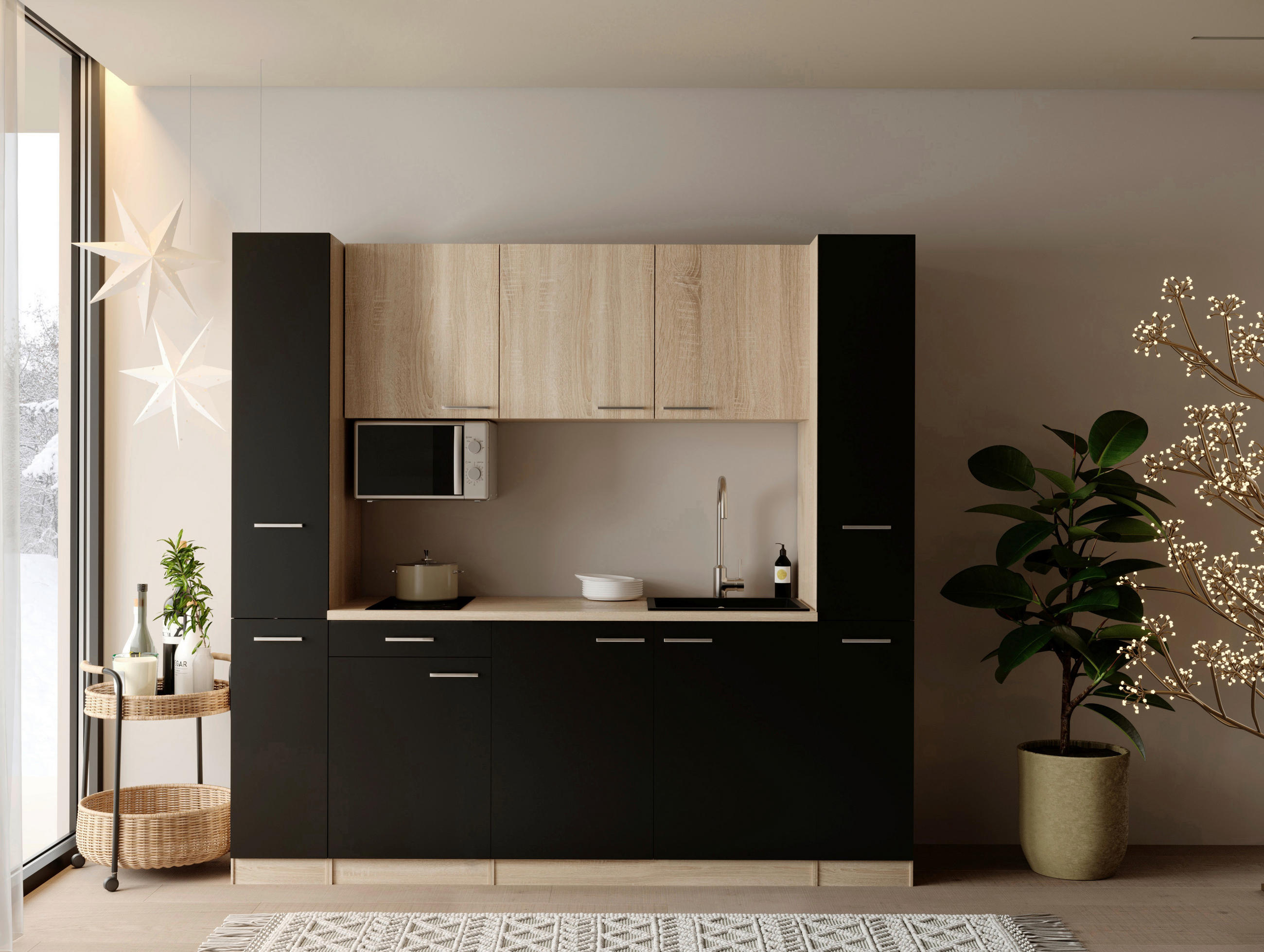 KÜCHENBLOCK Ingrid 210 cm  in Schwarz  - Eichefarben/Alufarben, Design, Holzwerkstoff/Kunststoff (210cm) - Respekta