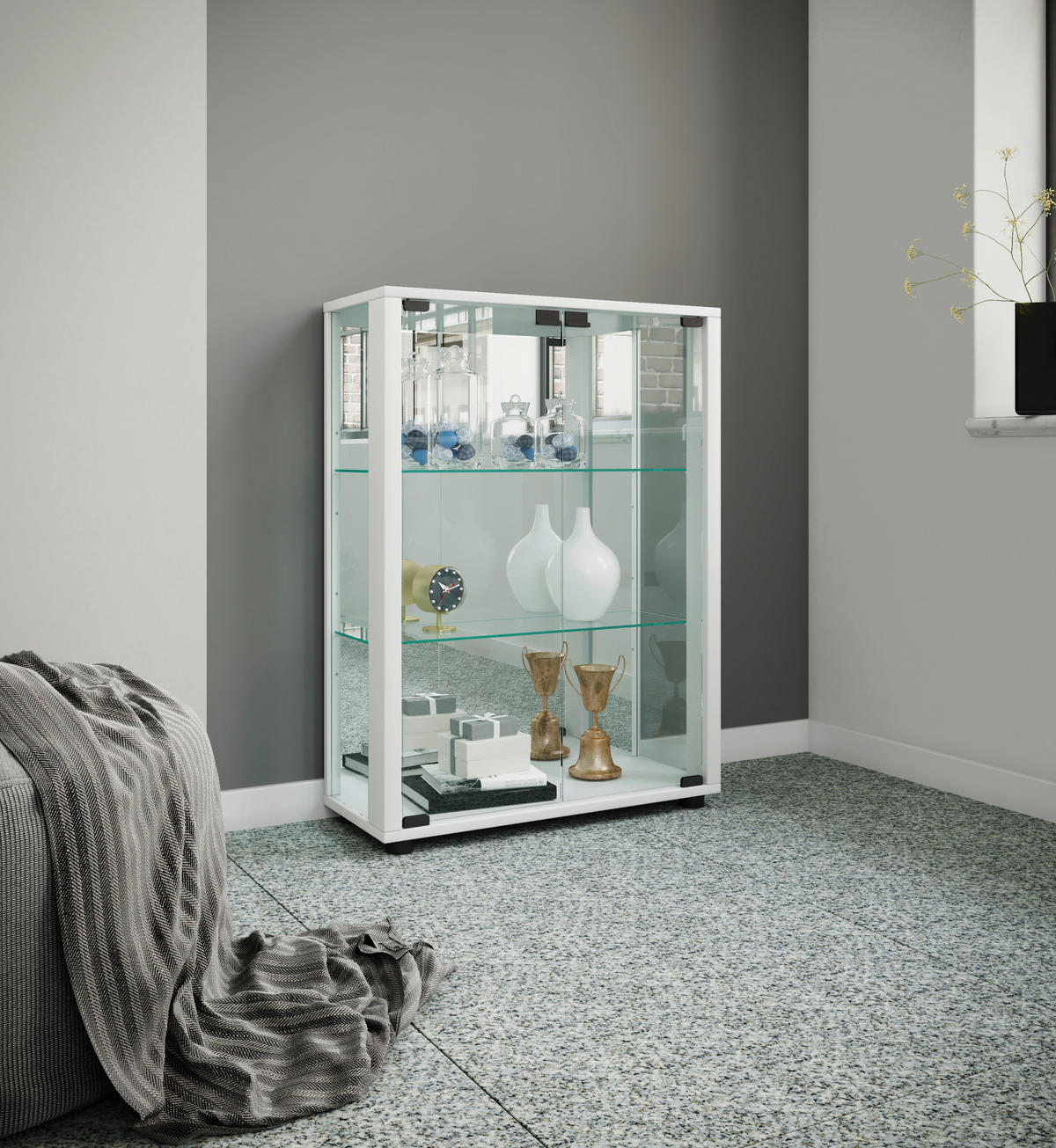 VITRINE in Weiss  - Weiss/Schwarz, Modern, Glas/Holzwerkstoff (60/80/25cm) - MID.YOU