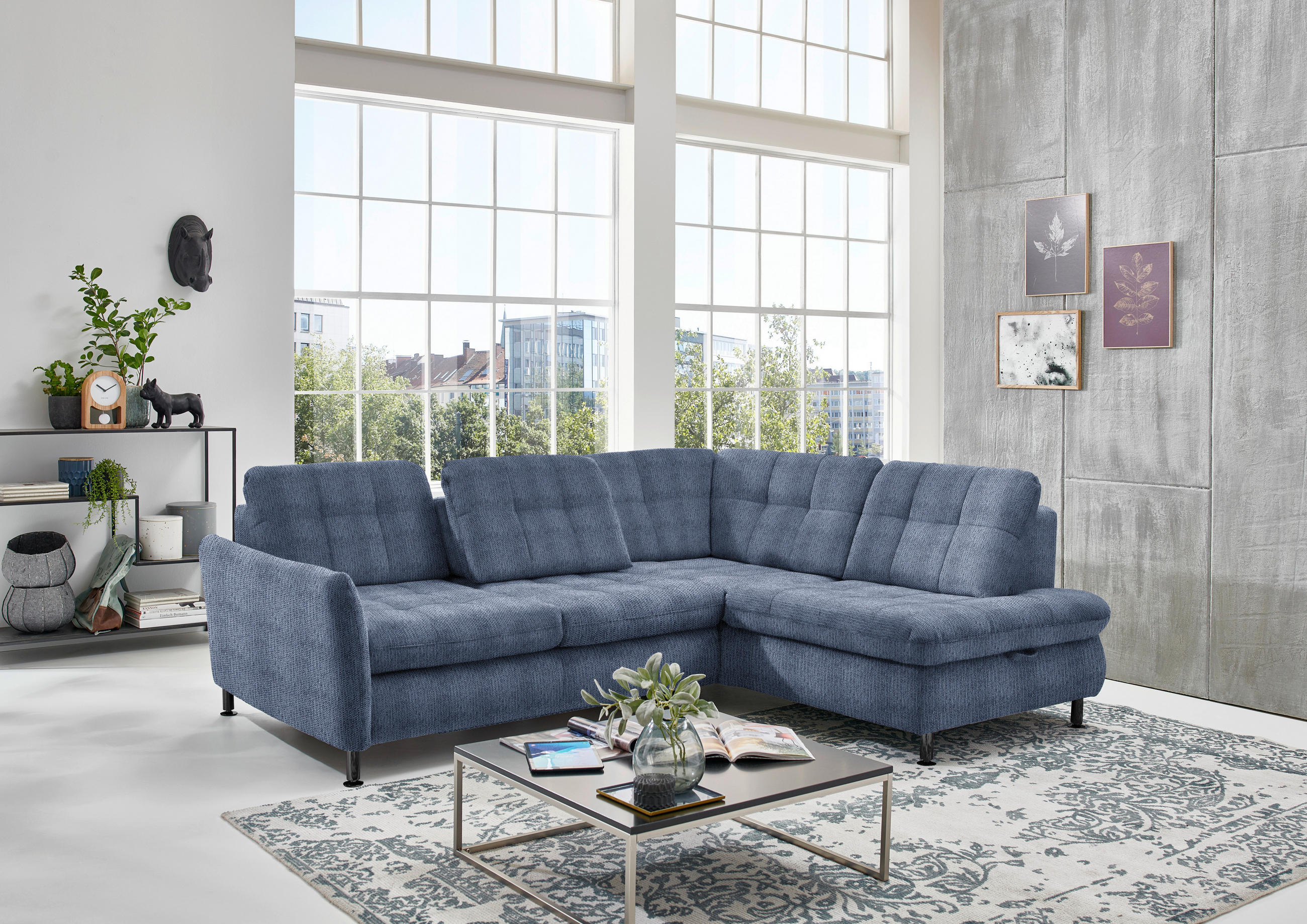 ECKSOFA in Webstoff Blau  - Chromfarben/Blau, Konventionell, Textil/Metall (242/210cm) - Beldomo Style