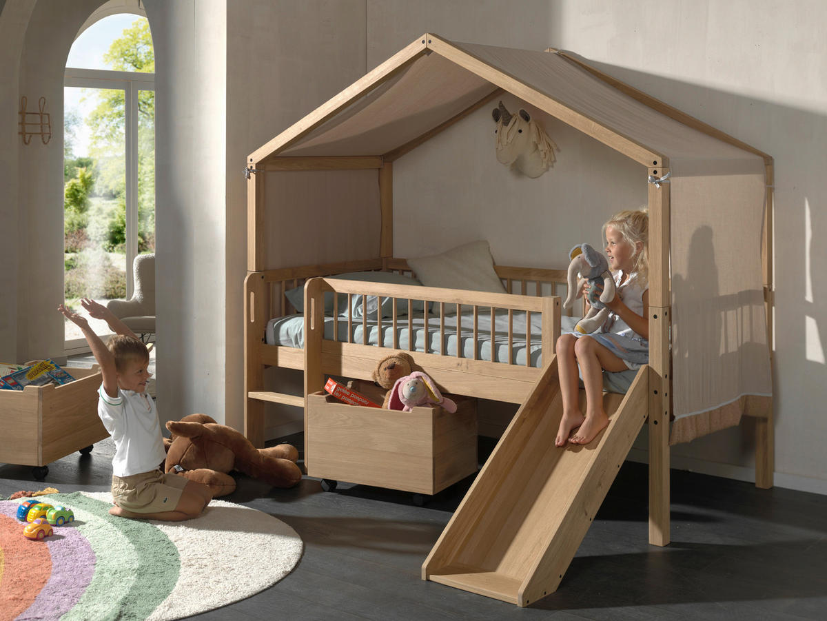 HAUSBETT Absturzsicherung, Leiter, Rutsche, Rollrost, Bettschublade 90/200 cm  in Eichefarben  - Eichefarben/Naturfarben, MODERN, Holz (90/200cm) - MID.YOU