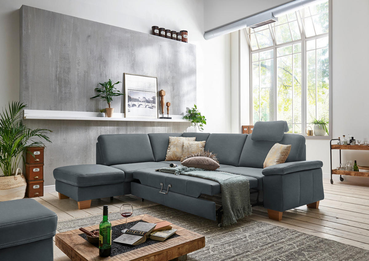 ECKSOFA  in Echtleder Blaugrau  235/274 cm  - Eichefarben/Beige, KONVENTIONELL, Leder/Holzwerkstoff (235/274cm) - Beldomo Premium