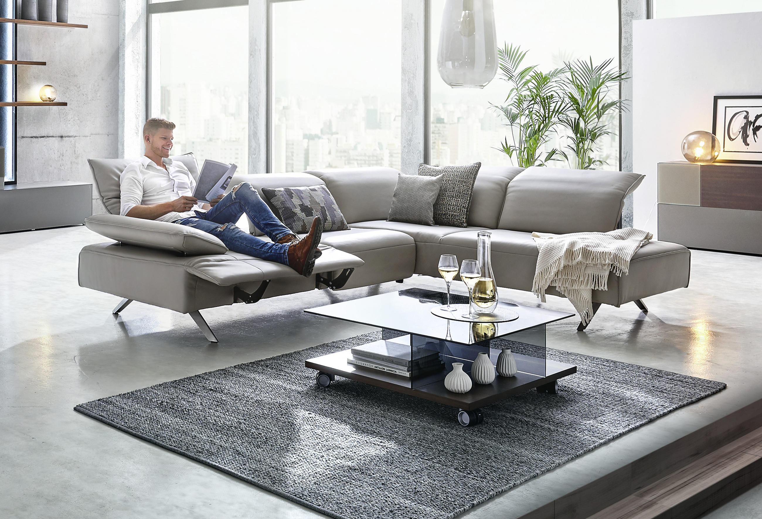 ECKSOFA in Echtleder Silberfarben  - Dunkelgrau/Anthrazit, Design, Leder/Metall (230/290cm) - Johann Jakob