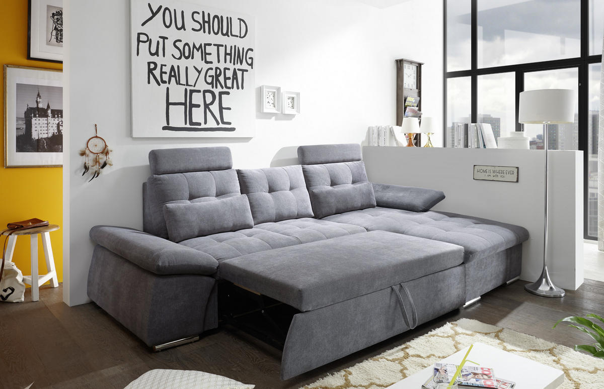 ECKSOFA Dunkelgrau Mikrovelours  - Dunkelgrau/Silberfarben, KONVENTIONELL, Kunststoff/Textil (268/170cm) - MID.YOU