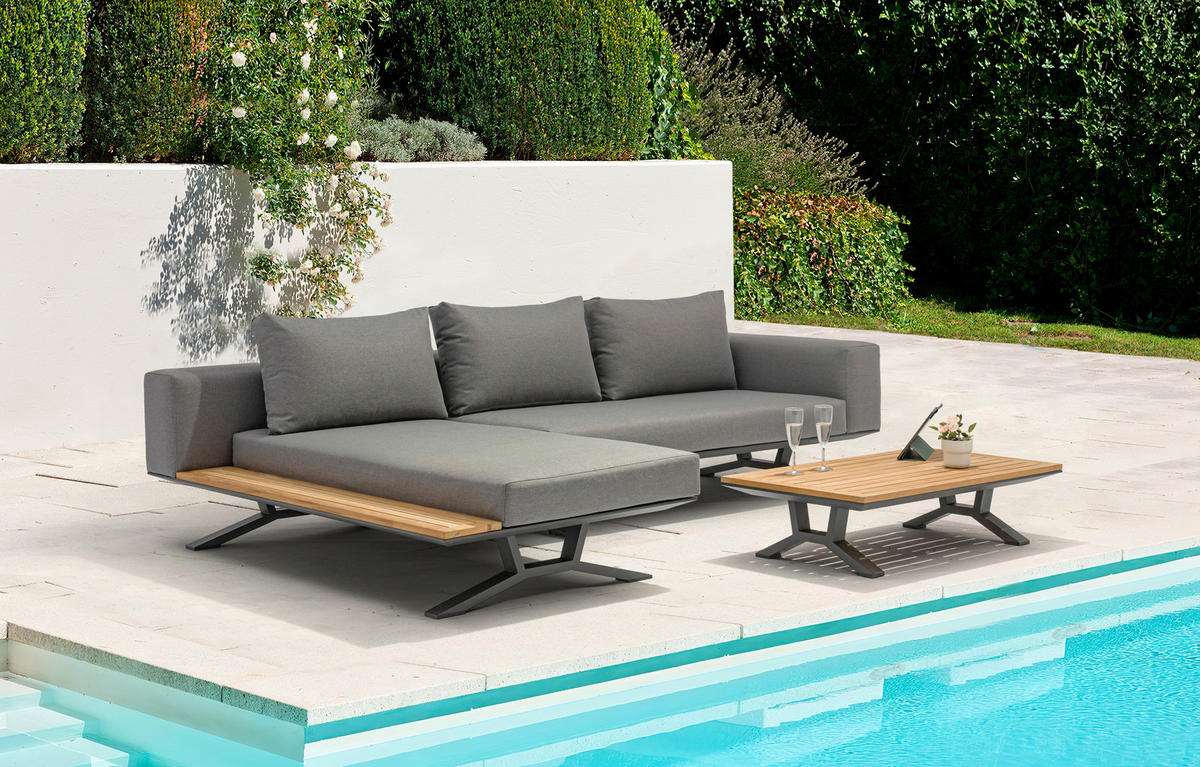 LOUNGEGARNITUR Teakholz massiv Aluminium  - Anthrazit/Naturfarben, Design, Holz/Textil (172/97/25cm) - Amatio