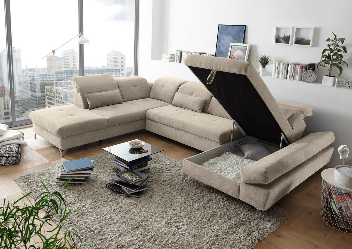 WOHNLANDSCHAFT Sandfarben Mikrovelours  - Sandfarben/Silberfarben, MODERN, Textil/Metall (245/350/168cm) - MID.YOU