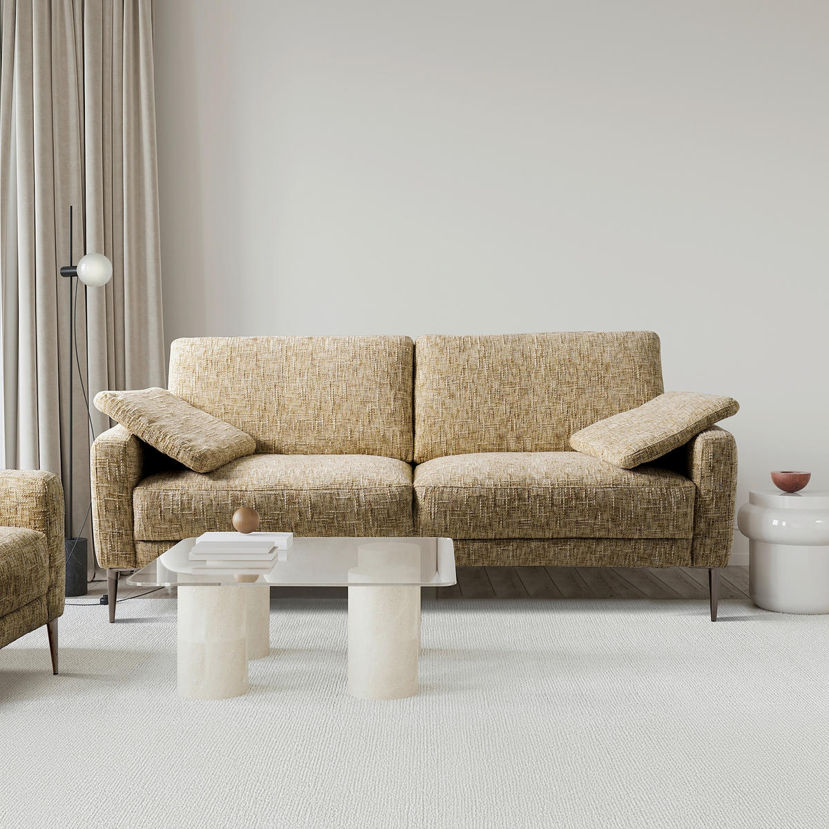 3,5-SITZER - Hellbraun/Schwarzchrom, Design, Textil/Metall (207/85/92cm) - Livetastic