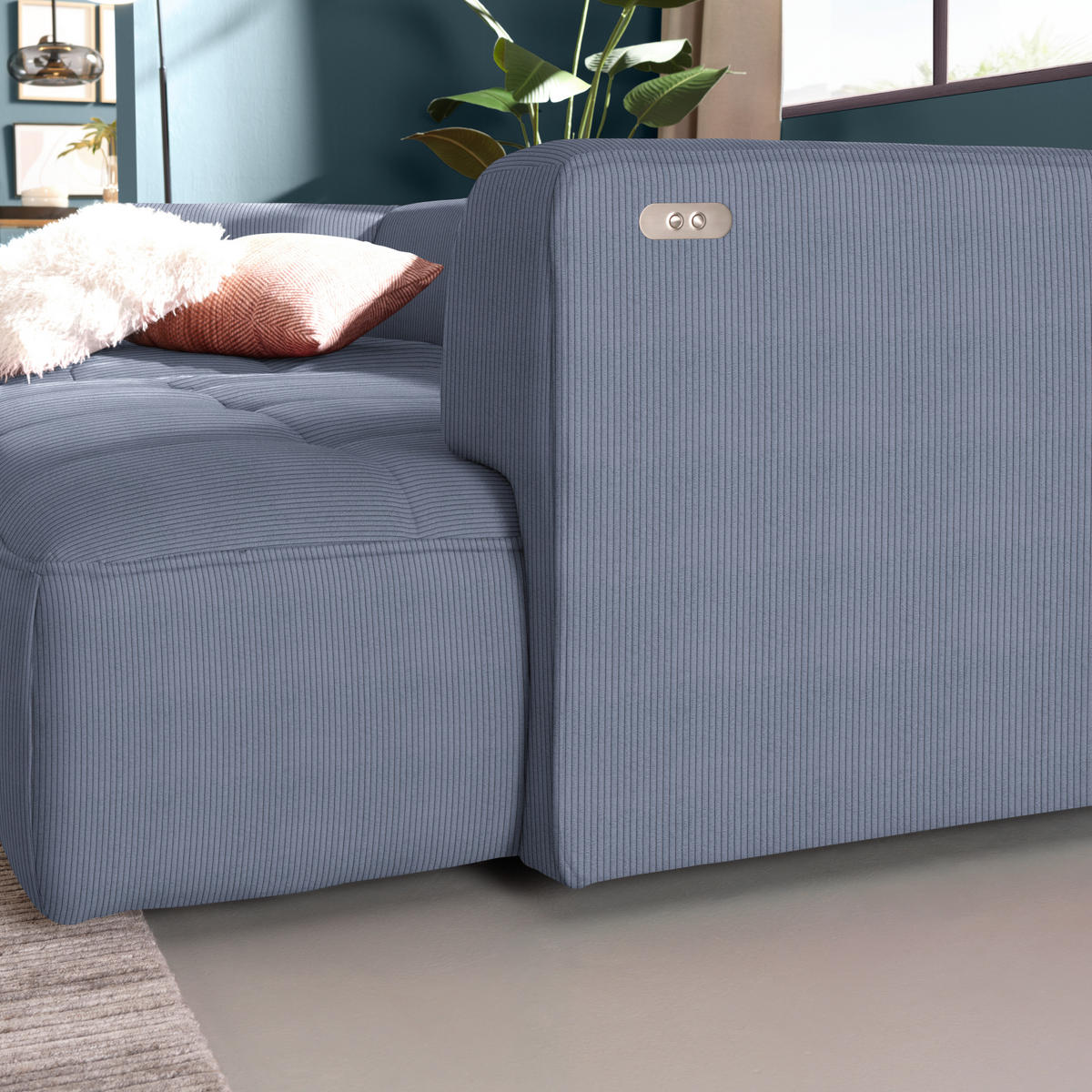 ECKSOFA Feincord Blaugrau  - Blaugrau/Schwarz, Design, Kunststoff/Textil (188/288cm) - Welnova