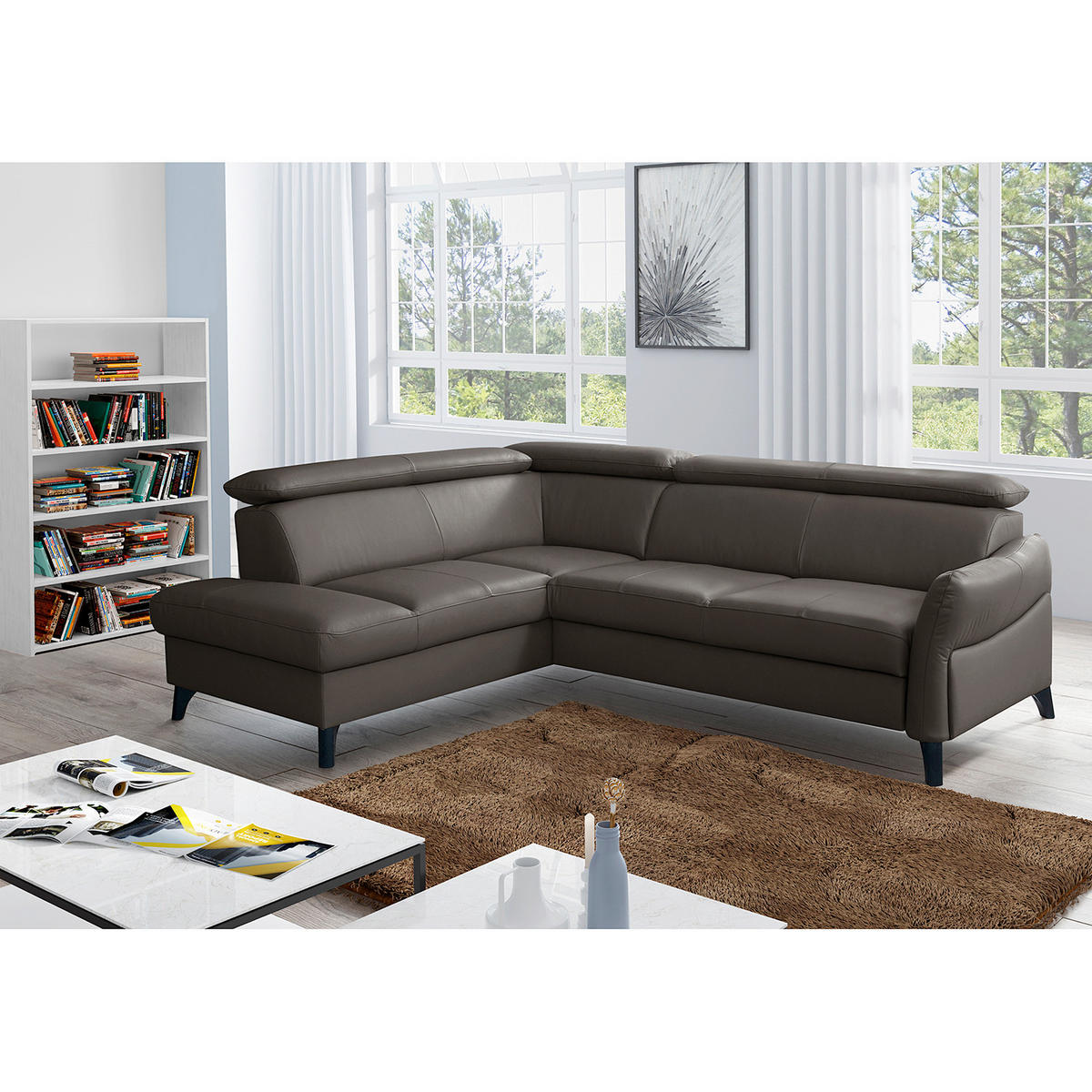 ECKSOFA  in Lederlook Echtleder Dunkelbraun  199/244 cm  - Dunkelbraun/Schwarz, Design, Leder/Holz (199/244cm) - Livetastic
