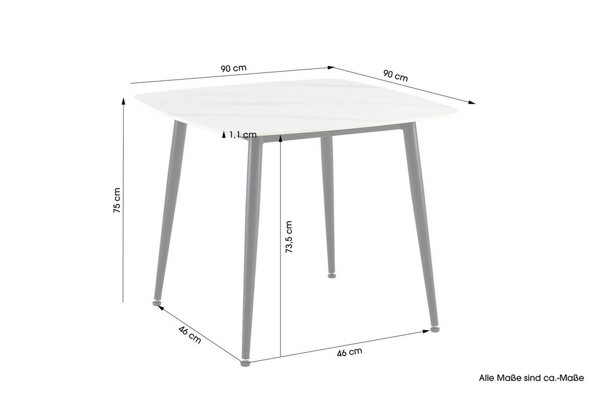 ESSTISCH 90/90/75 cm  Metall, Stein schnell aufzubauende und stabile Arbeitsfläche rechteckig Weiß  - Schwarz/Weiß, MODERN, Stein/Metall (90/90/75cm) - MID.YOU