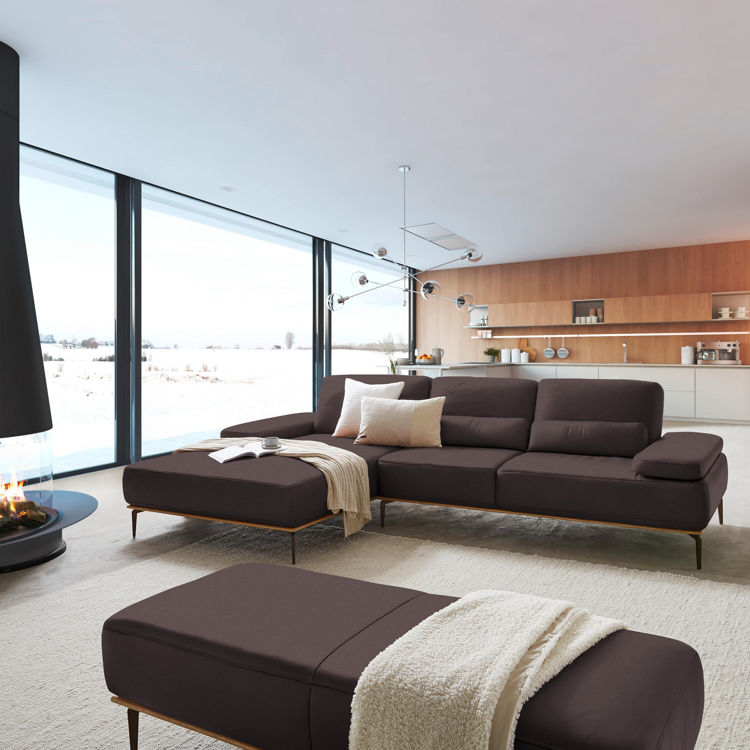 ECKSOFA in Echtleder Dunkelbraun  - Dunkelbraun/Bronzefarben, Design, Leder/Holz (176/314cm) - Valnatura