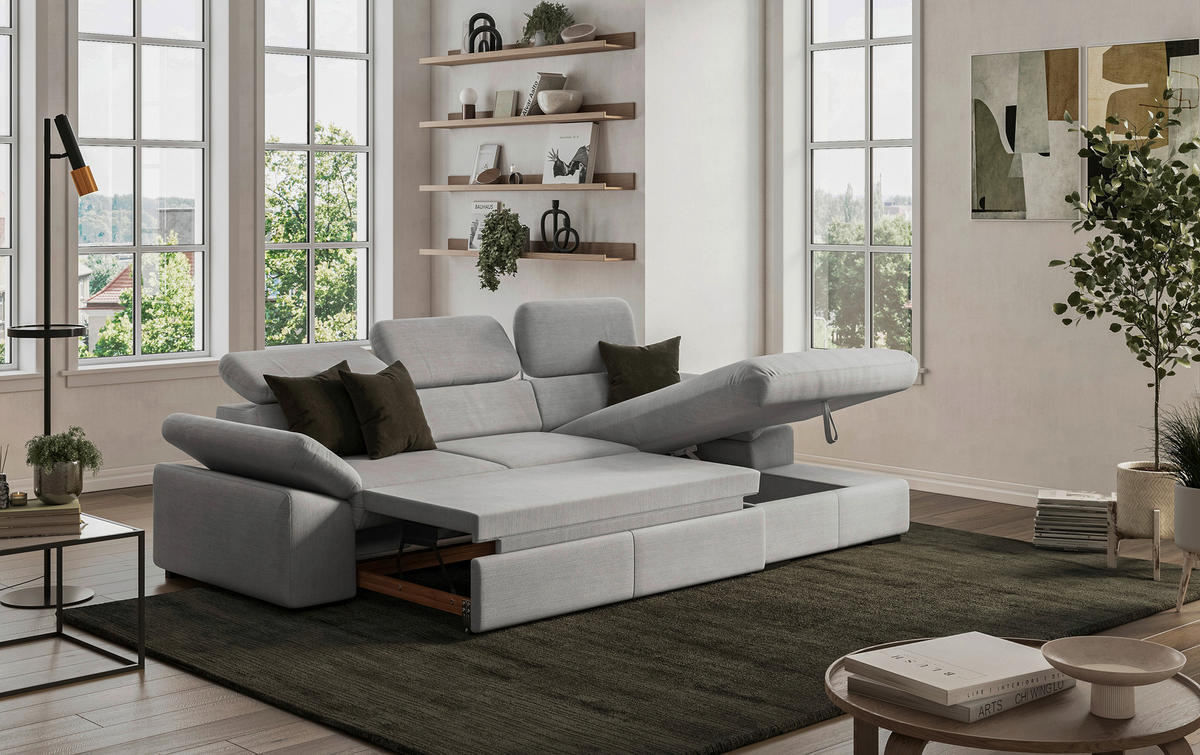 ECKSOFA in Flachgewebe Hellgrau  - Hellgrau/Schwarz, Design, Kunststoff/Textil (250/165cm) - Livetastic