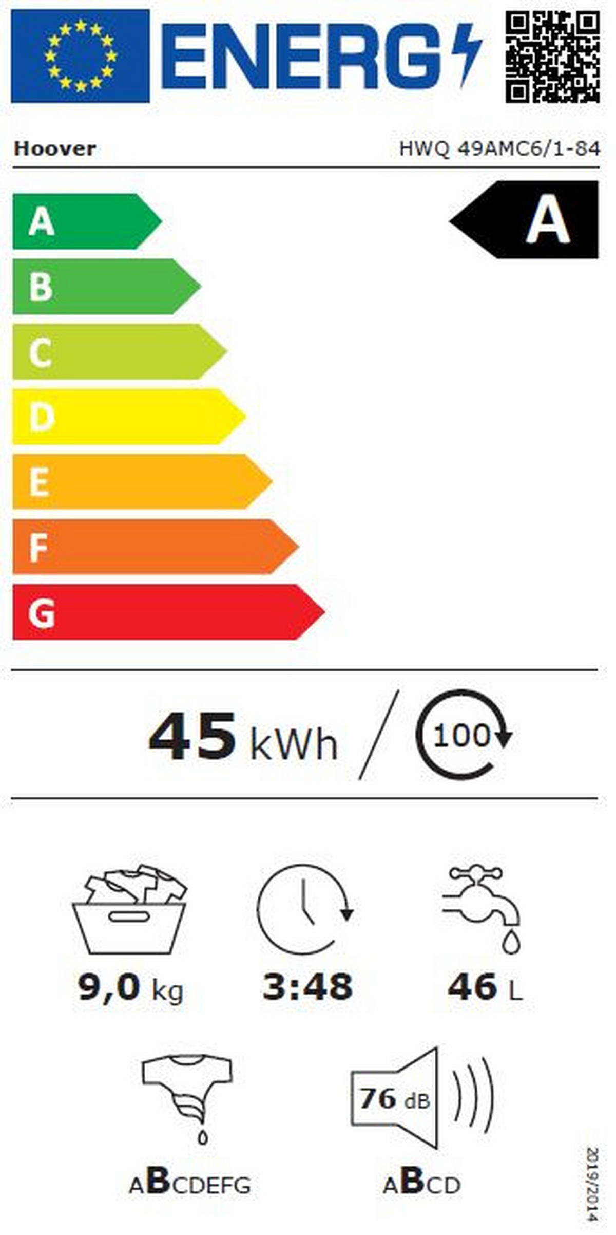 WASCHMASCHINE HWQ 49AMC6/1-84  - Weiß, Basics, Kunststoff/Metall (60/85/54cm) - Hoover