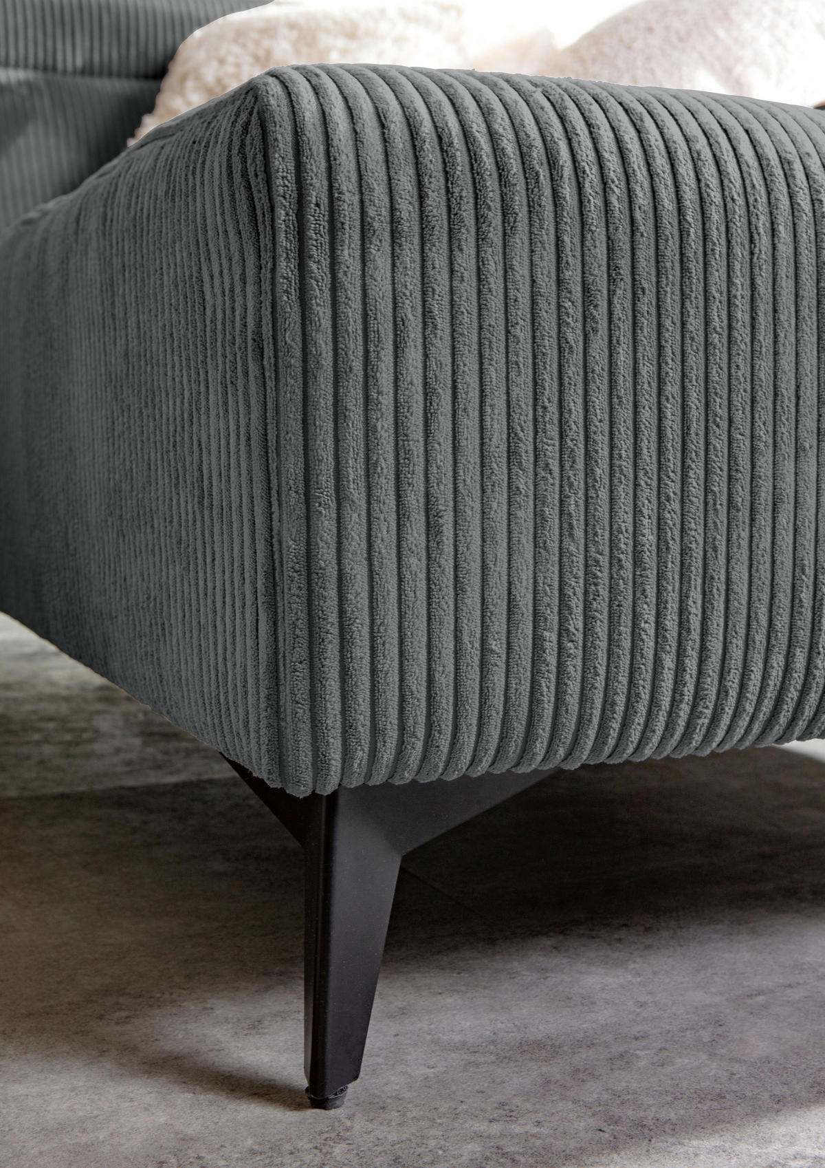 ECKSOFA Dunkelgrau Cord Rücken echt, Kopfteilverstellung, Sitzvorzug  - Dunkelgrau/Schwarz, KONVENTIONELL, Textil/Metall (257/170cm) - Carryhome