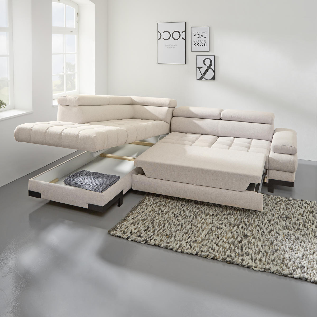 ECKSOFA in Webstoff Beige  - Beige/Schwarz, Design, Textil/Metall (263/223cm) - Welnova