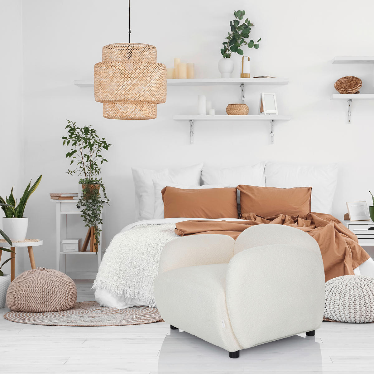 LOUNGESESSEL Bouclé Weiß    - Schwarz/Weiß, MODERN, Kunststoff/Textil (87/65/76cm) - MID.YOU