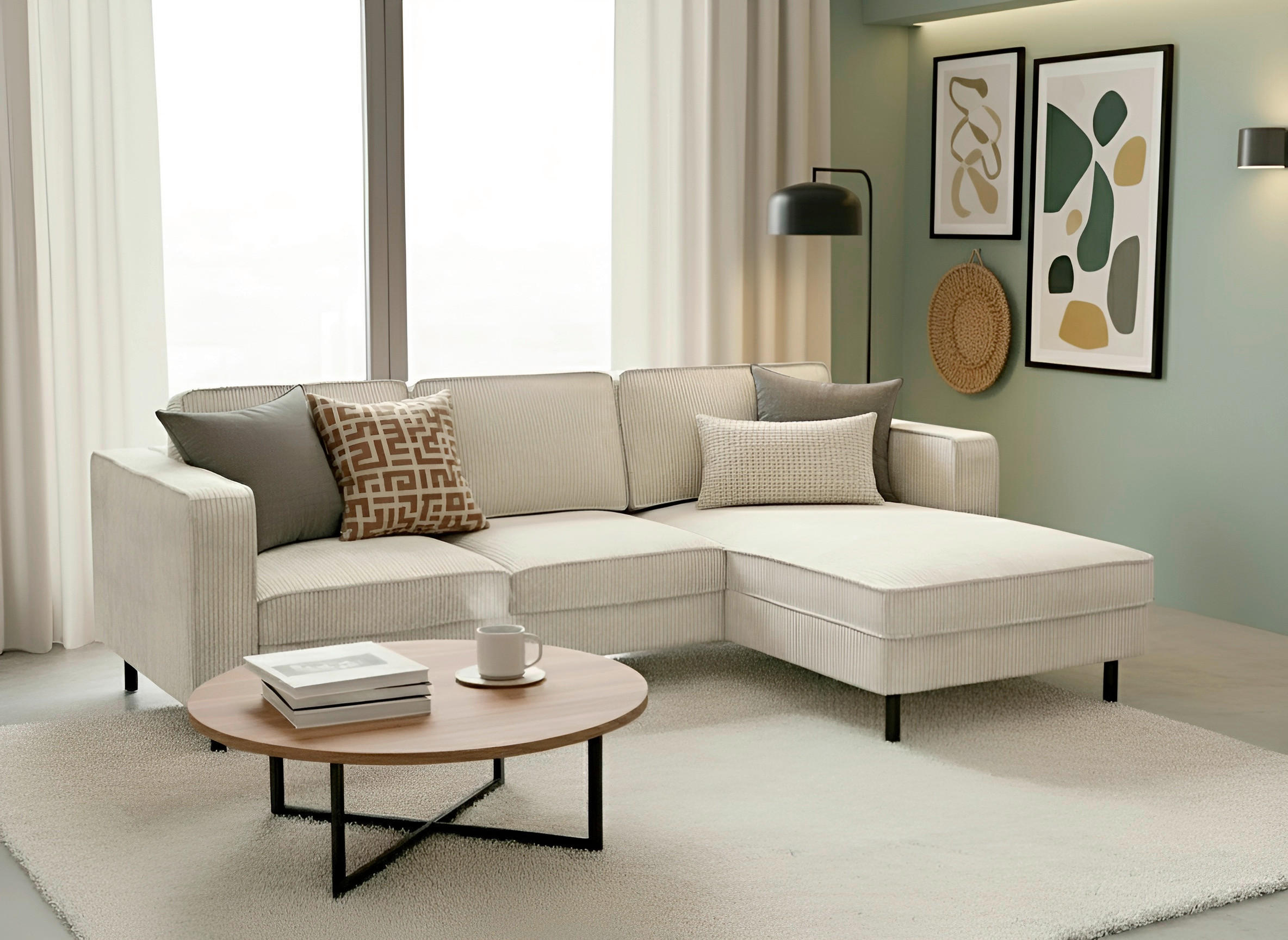 ECKSCHLAFSOFA WATKINS  mit Schlafen auf Sitzhöhe, Rücken echt, Armteil links, Armteil rechts Cord Creme  - Creme/Schwarz, MODERN, Textil/Metall (232/161cm) - Trendmanufaktur