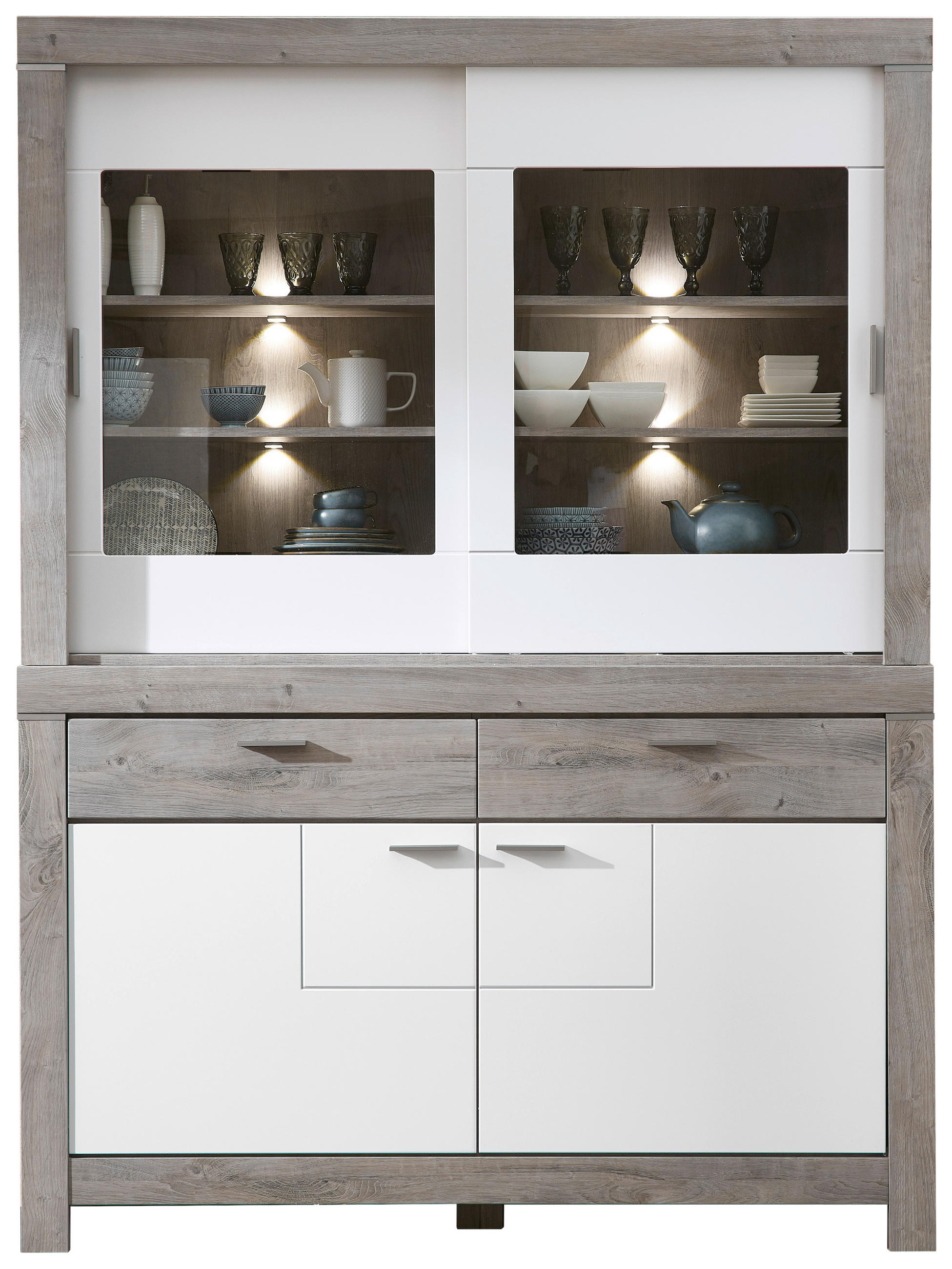 VITRINENKOMBINATION Weiß, Eichefarben - Eichefarben/Silberfarben, LIFESTYLE, Glas/Holzwerkstoff (157/211/43cm) - Landscape