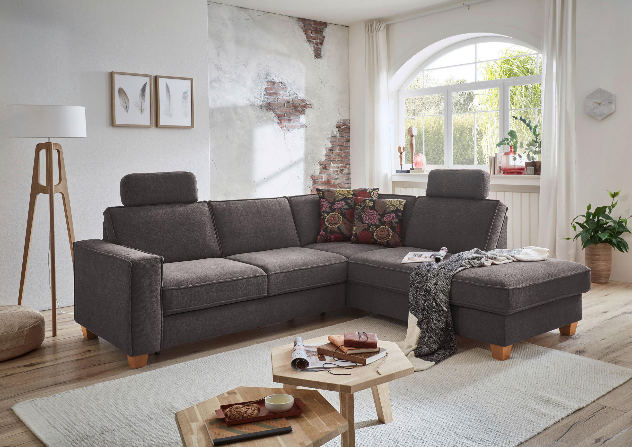 ECKSOFA Dunkelgrau Flachgewebe Stauraum, Kopfstütze, Liegefläche im Originalstoff  - Eichefarben/Dunkelgrau, KONVENTIONELL, Holz/Textil (236/213cm) - Sit & More