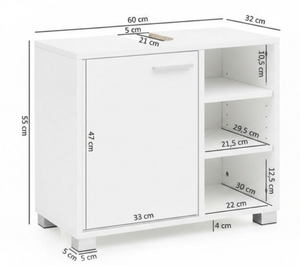 Mască Pentru Chiuvetă 60/55/32 cm  - alb/culoare aluminiu, Basics, material pe bază de lemn (60/55/32cm) - MID.YOU