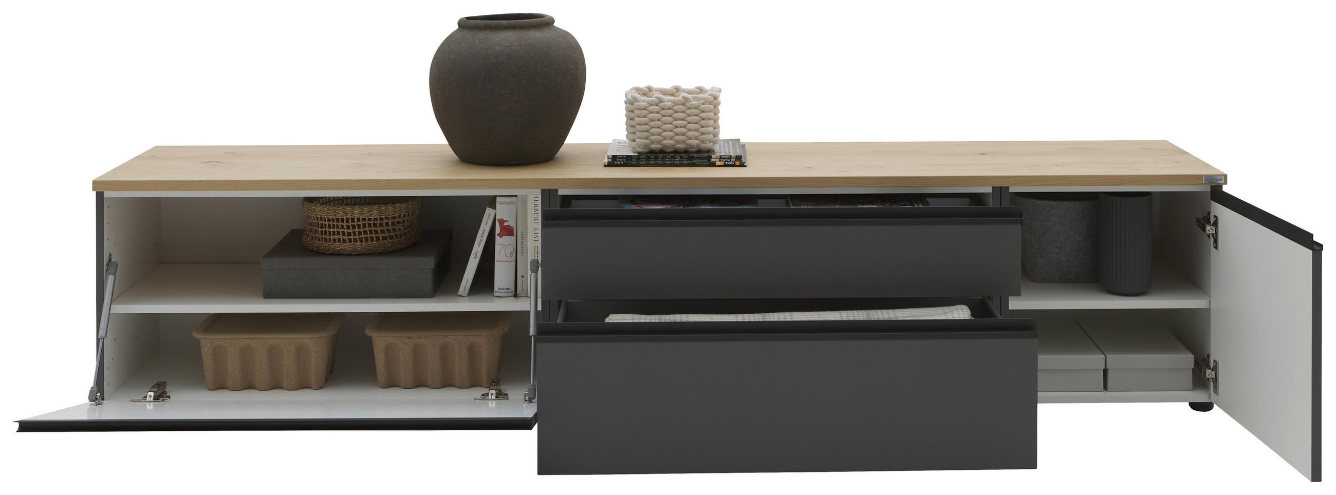 Thumbnail - Dieter Knoll Lowboard, Grau, Eiche, Metall, furniert, 2 Fächer, 2 Schublade(n) Schubladen, 225x46x41 cm, erweiterbar, Ty...