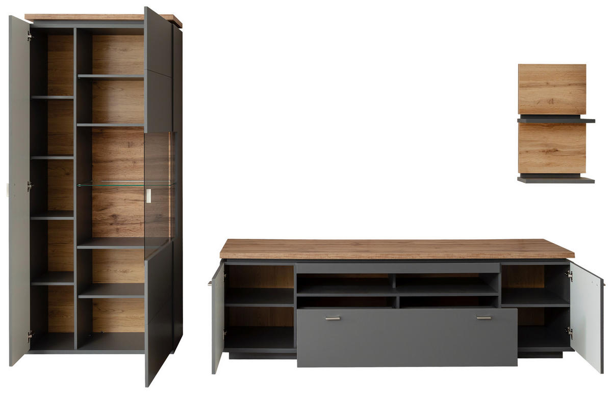 WOHNWAND  in Grau, Eiche Wotan 335/208/50 cm  - Eiche Wotan/Grau, Design, Glas/Holzwerkstoff (335/208/50cm) - Stylife