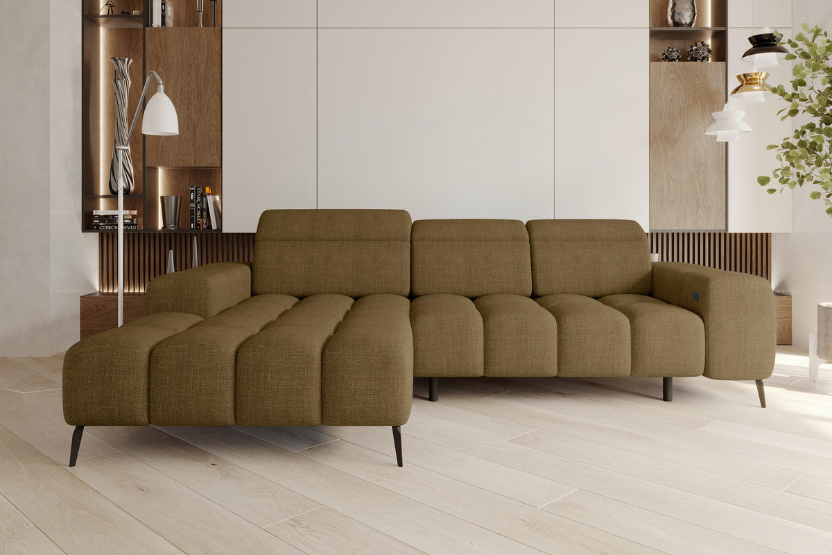 ECKSOFA Olivgrün Flachgewebe Rücken echt, Kopfteilverstellung, Sitztiefenverstellung  - Schwarz/Olivgrün, KONVENTIONELL, Kunststoff/Textil (171/273cm) - Carryhome