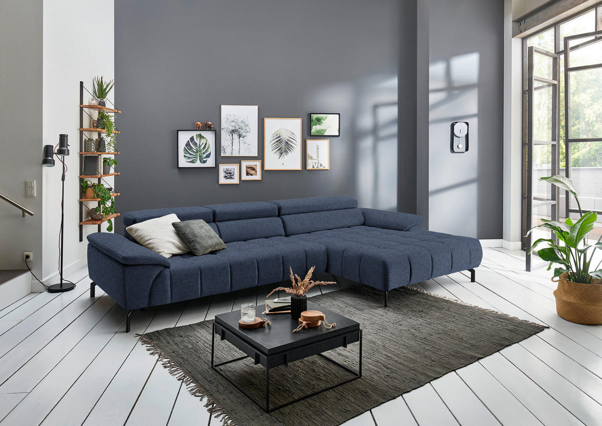 ECKSOFA in Webstoff Blau  - Blau/Schwarz, Design, Textil/Metall (329/190cm) - Beldomo Style