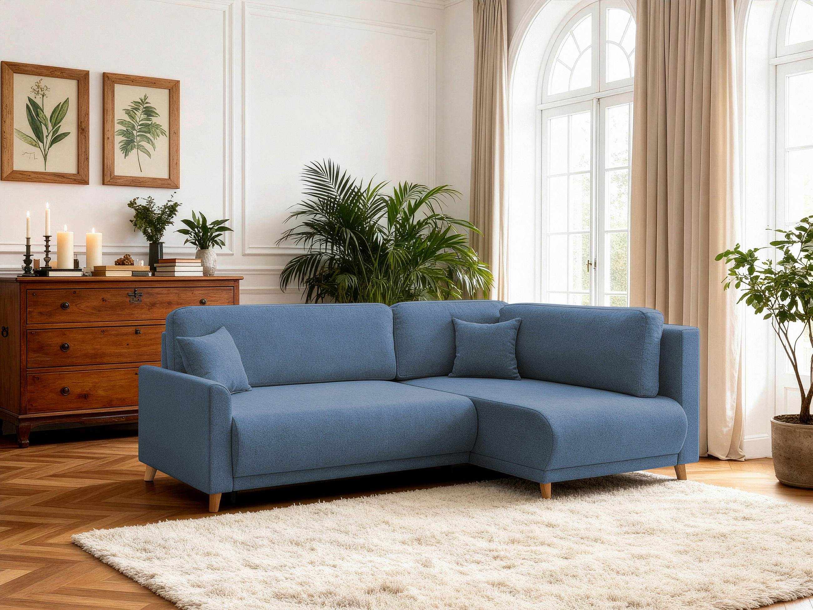 ECKSOFA MILOS Blau Flachgewebe, Struktur Rückenkissen, Bettkasten, Schlaffunktion, Rücken echt  - Blau/Naturfarben, Design, Textil (224/148cm) - P & B