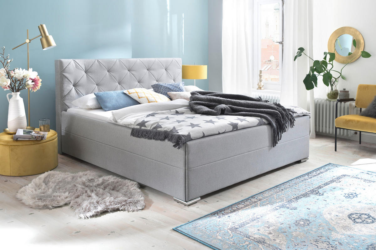 POLSTERBETT 180/200 cm,  in Hellgrau,  - Chromfarben/Hellgrau, KONVENTIONELL, Textil/Metall (180/200cm) - Livetastic