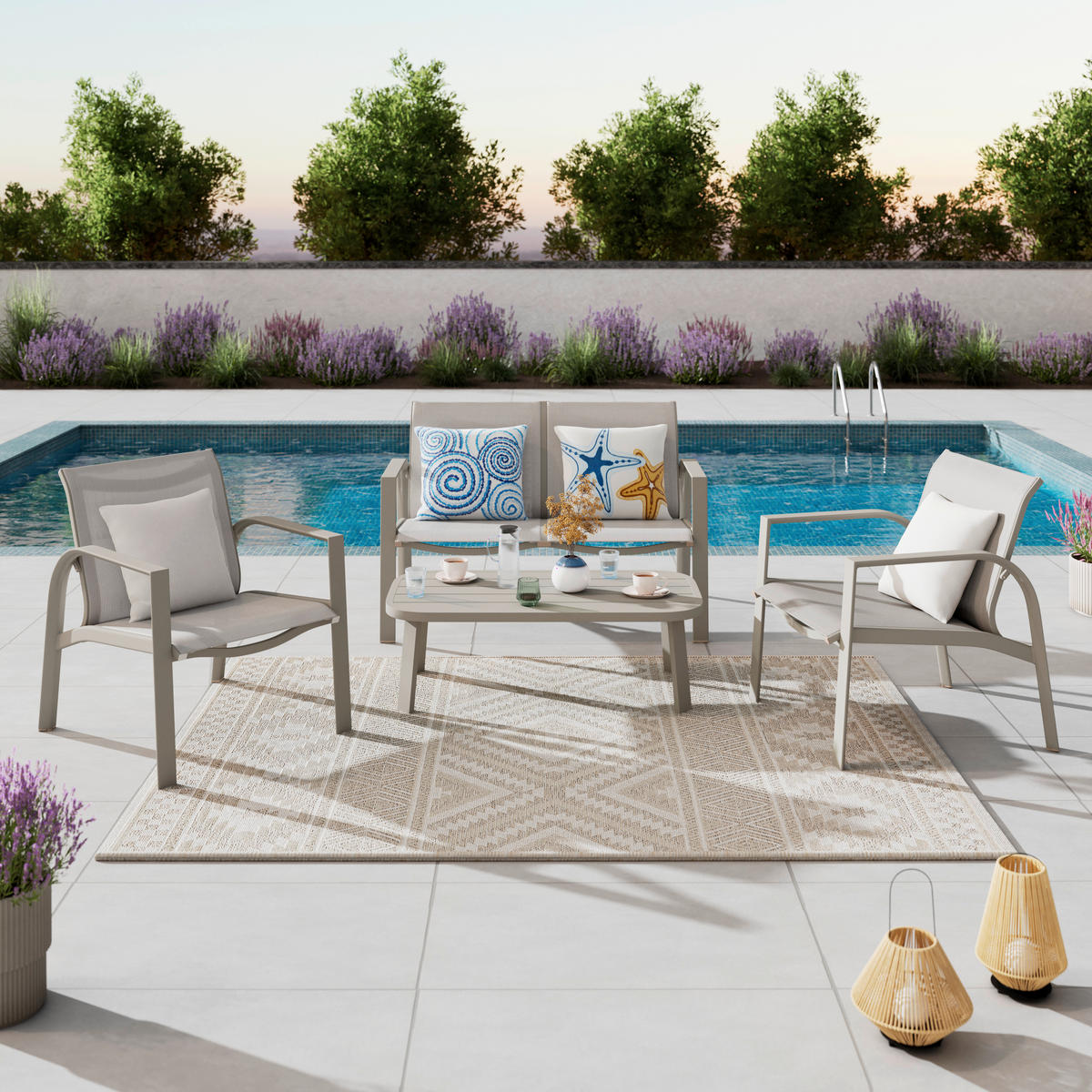 GARTENSET Webstoff Aluminium  - Beige/Weiß, MODERN, Textil/Metall (67/122/53/82/82/35/72/72/103cm) - Ambia Garden