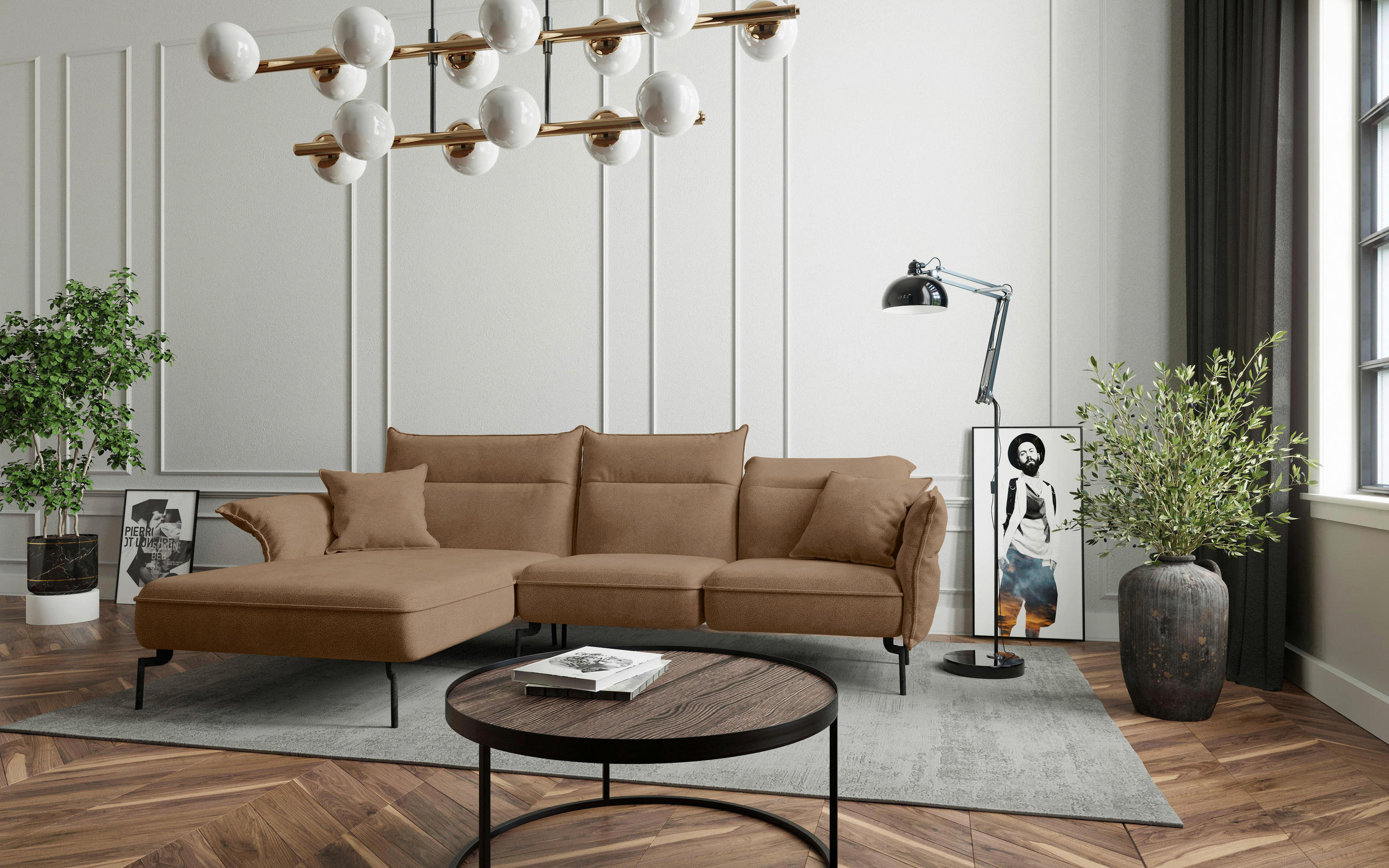 ECKSOFA Hellbraun Flachgewebe  - Hellbraun/Edelstahlfarben, Design, Textil/Metall (185/265cm) - Livetastic