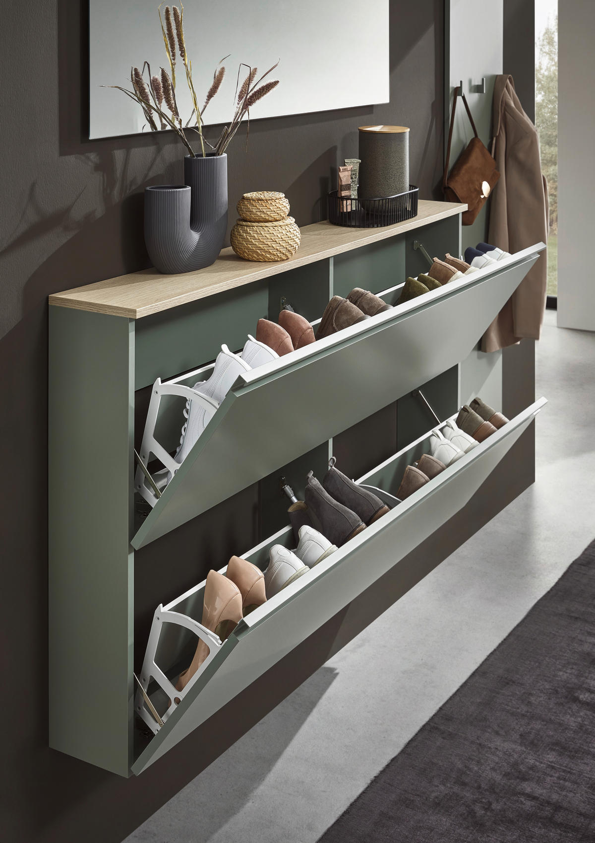 SCHUHSCHRANK Grün, Eichefarben  - Eichefarben/Grün, Design, Holzwerkstoff/Metall (140,1/80/19cm) - Voleo