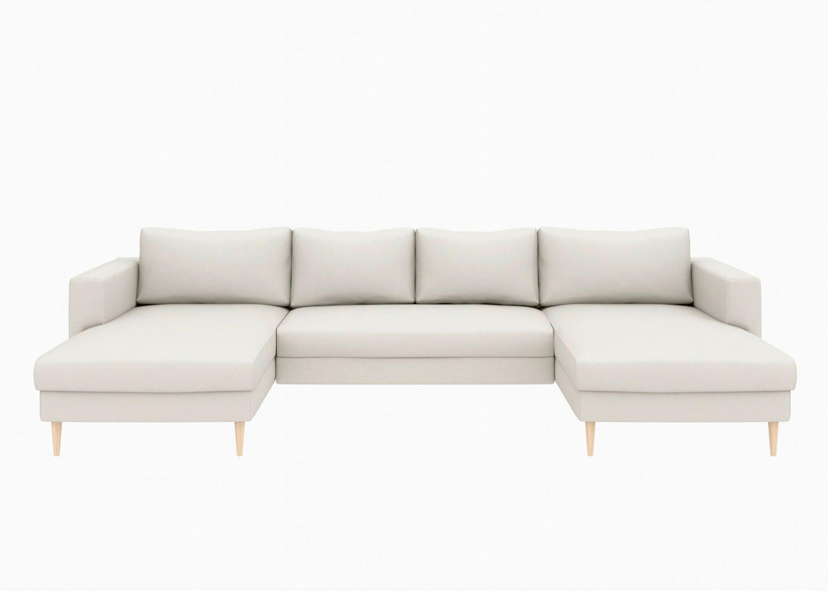 WOHNLANDSCHAFT Sandfarben Struktur  - Sandfarben/Buchefarben, MODERN, Holz/Textil (161/306/161cm) - Trendmanufaktur