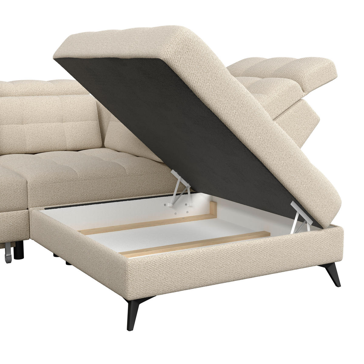 ECKSOFA BARLETTA NEW Beige Velours Bettkasten, Kopfteilverstellung, Sitztiefenverstellung, Liegefläche im Originalstoff  - Beige/Schwarz, ROMANTIK / LANDHAUS, Textil/Metall (289/228cm) - MID.YOU