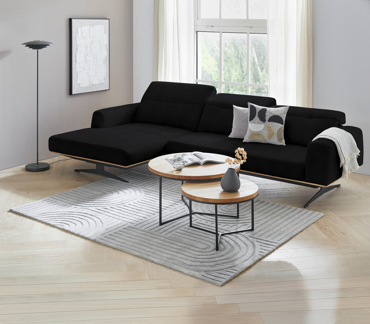 ECKSOFA in Echtleder Schwarz  163/305 cm  - Eichefarben/Schwarz, Design, Leder/Holz (163/305cm) - Novel