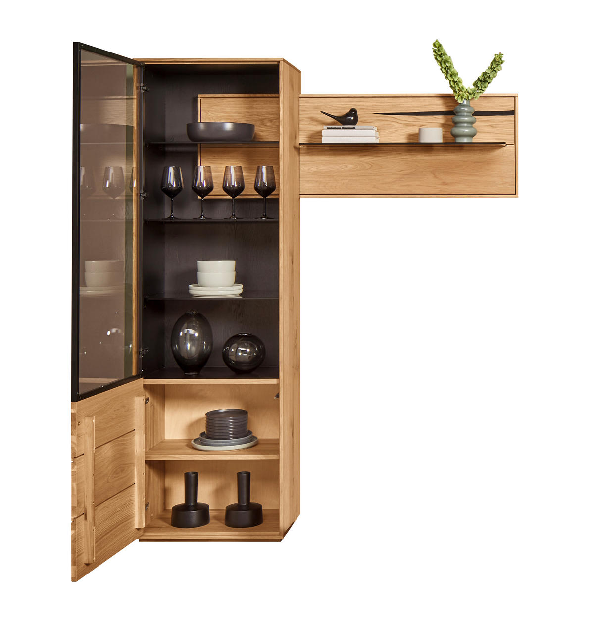 VITRINE  in furniert Wildeiche Braun, Schwarz, Eichefarben - Eichefarben/Schwarz, Natur, Glas/Holz (154/192/40cm) - Waldwelt