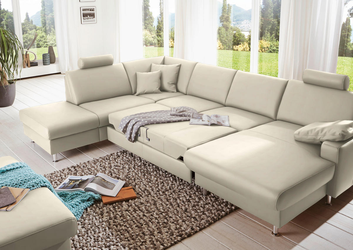 WOHNLANDSCHAFT in Echtleder Creme  - Creme/Alufarben, Design, Leder/Metall (233/339/165cm) - Beldomo Premium