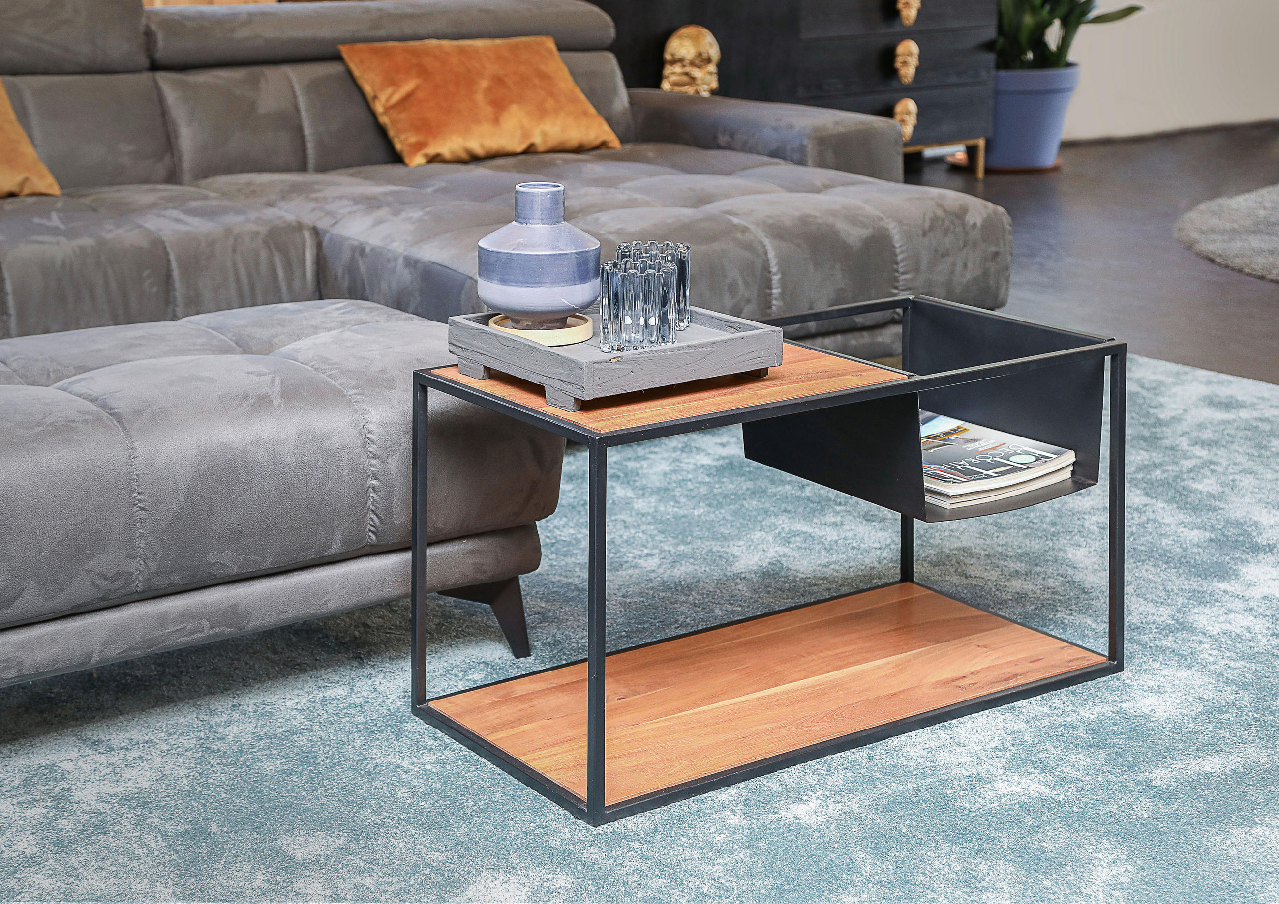 COUCHTISCH Akazie massiv 85/40/46 cm rechteckig Schwarz, Akaziefarben  - Schwarz/Akaziefarben, Design, Holz/Metall (85/40/46cm)