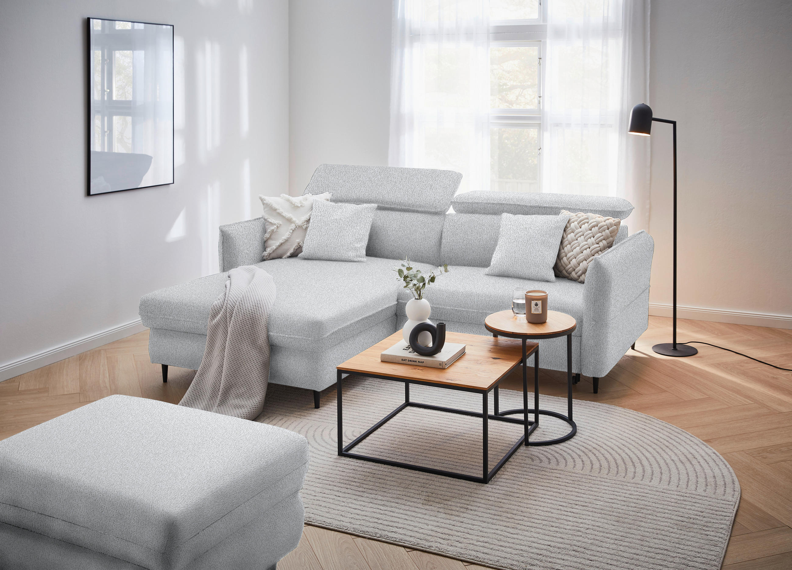 ECKSOFA Hellgrau Flachgewebe  - Hellgrau/Schwarz, Design, Holz/Textil (185/232cm) - Stylife