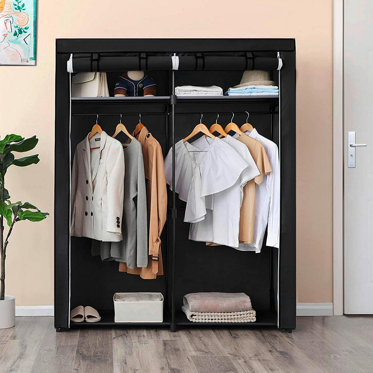 STOFFSCHRANK Schwarz  - Schwarz, Trend, Textil/Metall (140/174/43cm) - Boxxx
