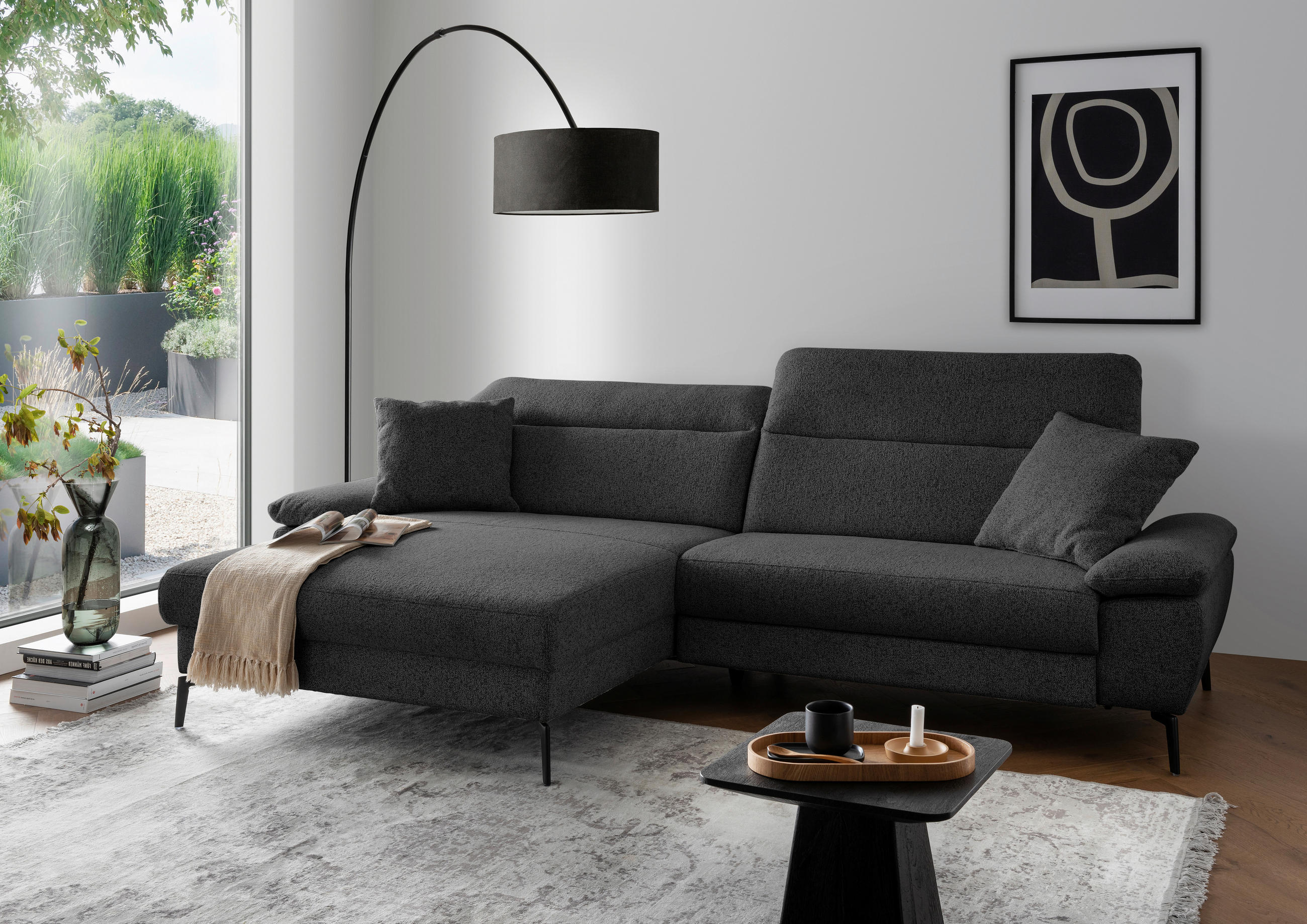 ECKSOFA Struktur Schwarz  - Schwarz, Konventionell, Textil/Metall (178/300cm) - Livetastic
