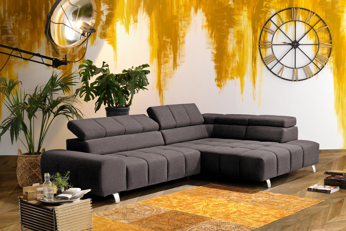 ECKSOFA Dunkelbraun Velours  - Dunkelgrau/Dunkelbraun, Design, Textil/Metall (295/201cm) - Hom`in