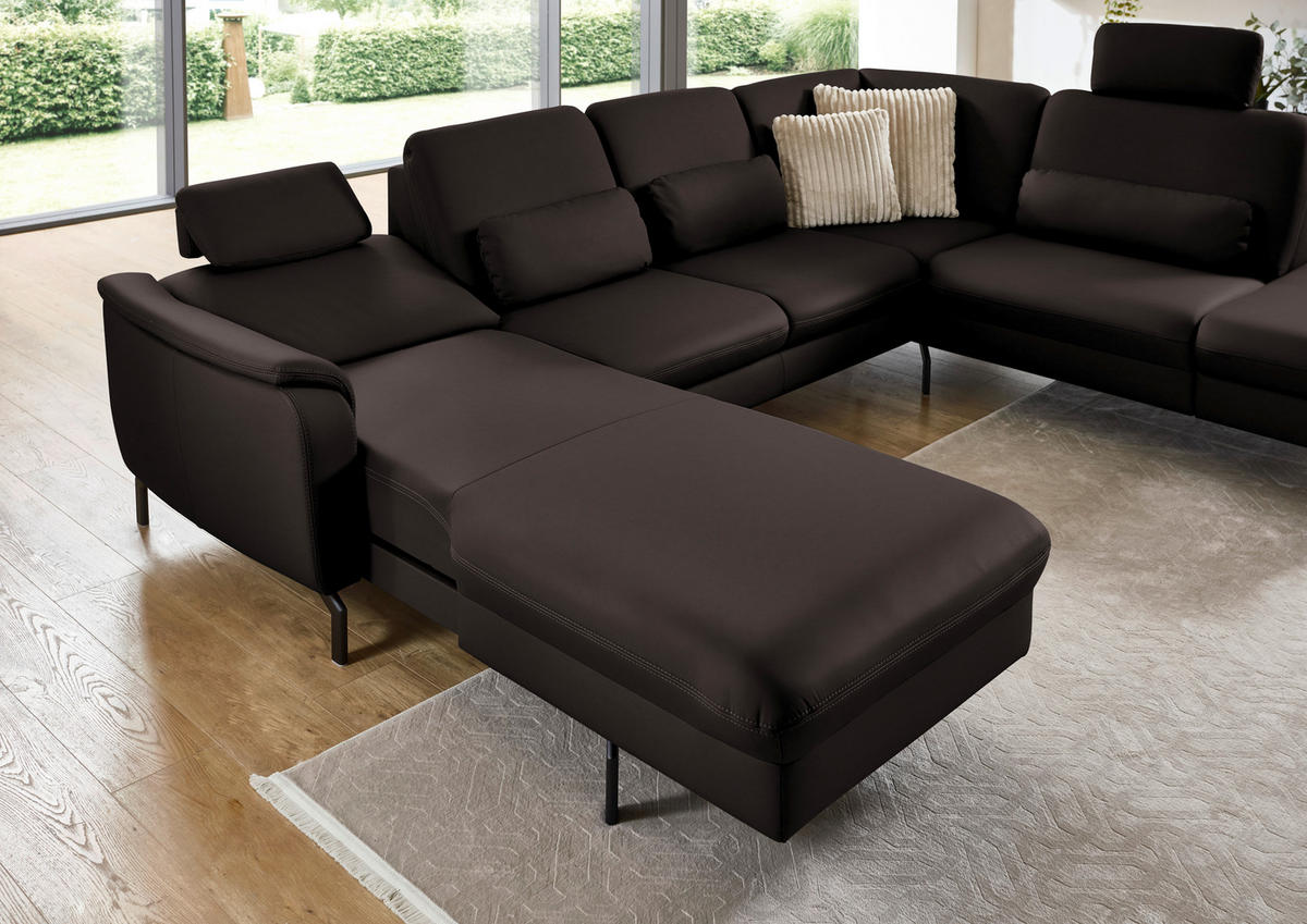 WOHNLANDSCHAFT Echtleder Schwarzbraun  - Schwarzbraun/Schwarz, Konventionell, Leder/Metall (168/306/224cm) - Beldomo Premium