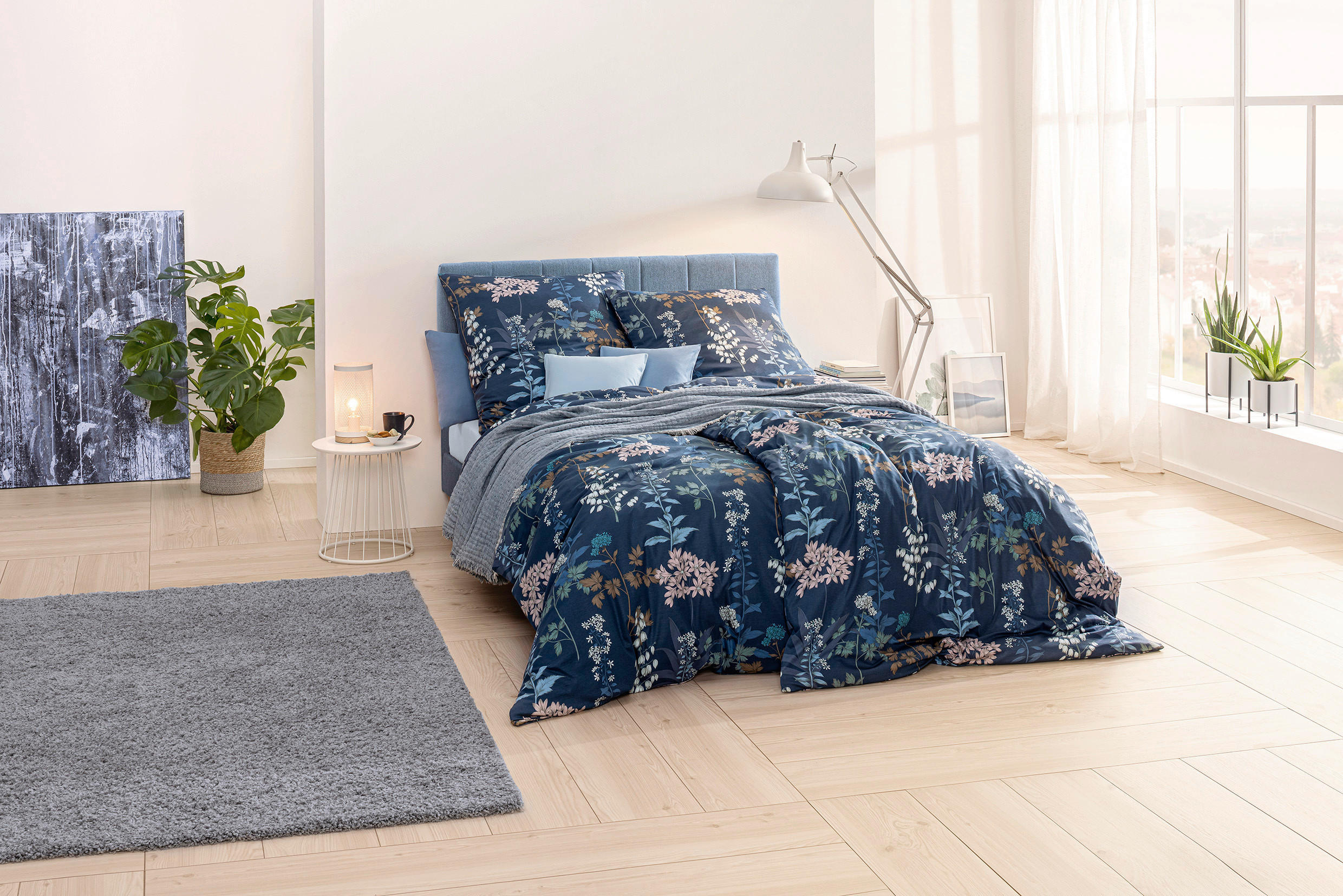 BETTWÄSCHESET ATELIER Makosatin 160/210 cm  65 cm/100 cm  - Blau, Basics, Textil (160/210cm) - Estella