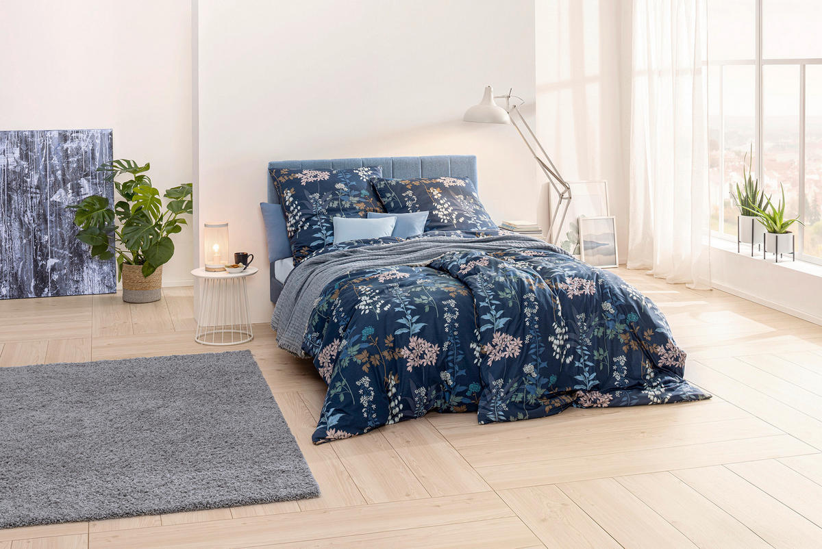 BETTWÄSCHESET ATELIER Makosatin 160/210 cm  65 cm/100 cm  - Blau, Basics, Textil (160/210cm) - Estella