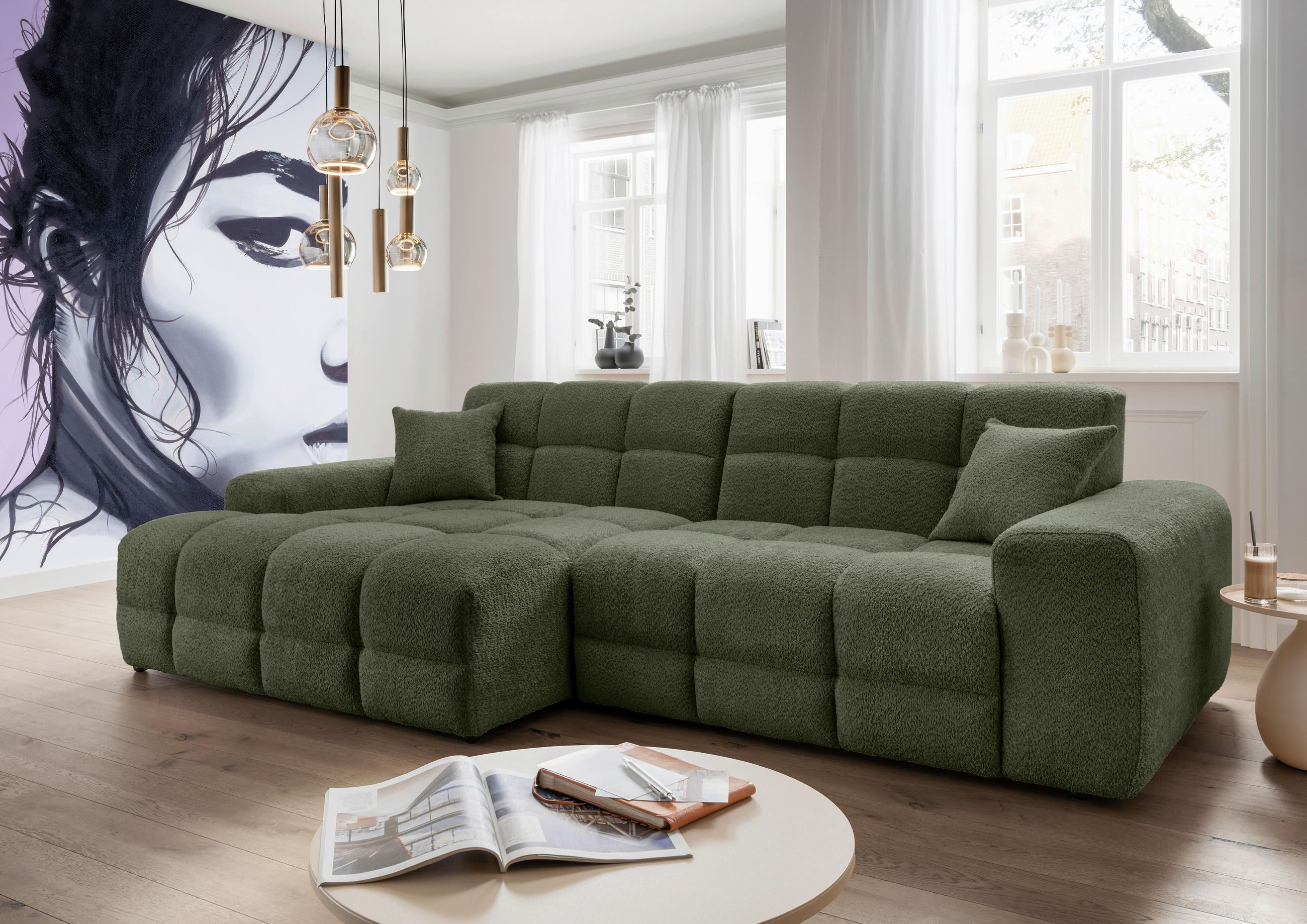 ECKSOFA in Bouclé Dunkelgrün - Dunkelgrün/Schwarz, Modern, Kunststoff/Textil (152/301cm) - Livetastic
