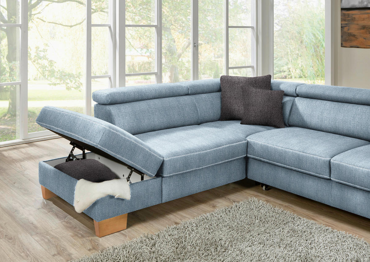 ECKSOFA in Mikrofaser Blau  - Blau/Eichefarben, Natur, Holz/Textil (273/226cm) - Beldomo System